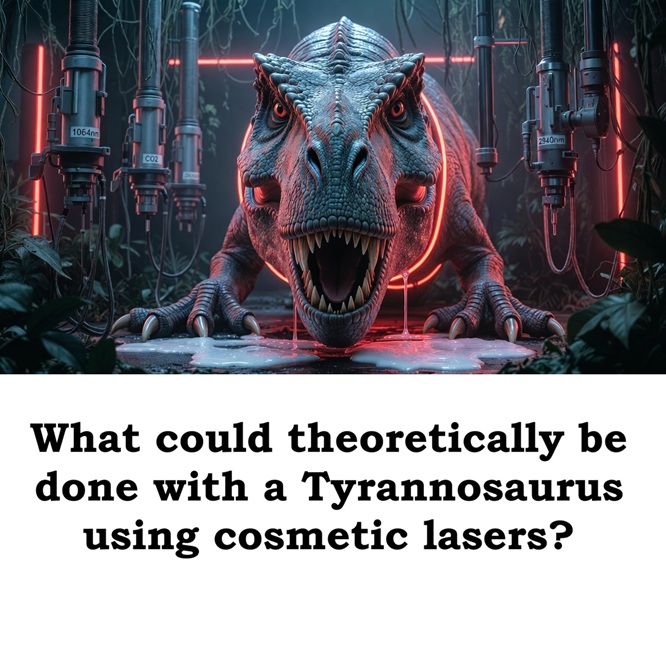 What could theoretically be done with a Tyrannosaurus using cosmetic lasers? Let's fantasize as creatively as possible with a scientific twist (808 nm, 1064 nm, CO2, picosecond, and other beauties).